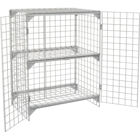 Rock Solid One Tier Two Door Wire Mesh Security Locker Cabinet With Adjustable Shelf Lockable Gray Steel Professional Storage Cage No Sweat Assembly For Garage Shop Workspace, featuring open doors and three shelves.
