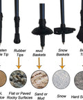 Image showing various tips and baskets for Ultra Lightweight Collapsible Trekking Poles for Hiking, including tungsten carbide tip and mud basket.