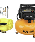 Six Gallon Pancake Air Compressor Kit With Thirteen Piece Accessory Set Including Air Hose Blow Gun Adapter Tire Gauge Rubber Nozzle Inflation Needle And Quick Connect Plug For High Flow Pro Grade At One Hundred Fifty PSI And Two Point Six CFM displayed with accessories