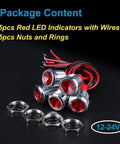 Red LED Indicator Lights Kit 12V-24V, 5 Pack, Waterproof 12mm Mounting Hole, Wide Flat Head Pilot Dash Lamps, 20mA Low Power, 150mm Wire, Energy Saving Signal Lights For Cars, Trucks, Boats; 5 indicators and nuts