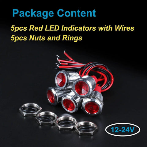 Red LED Indicator Lights Kit 12V-24V, 5 Pack, Waterproof 12mm Mounting Hole, Wide Flat Head Pilot Dash Lamps, 20mA Low Power, 150mm Wire, Energy Saving Signal Lights For Cars, Trucks, Boats; 5 indicators and nuts