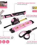 Pink 277 Piece Home Repair Kit With Wide Mouth 13 Inch Tool Bag Hammer Screwdrivers Pliers Wrenches And Essential Diy Household Tools For Quick Pro Grade Home Fixes showing hammer, tape measure, level, and scissors.