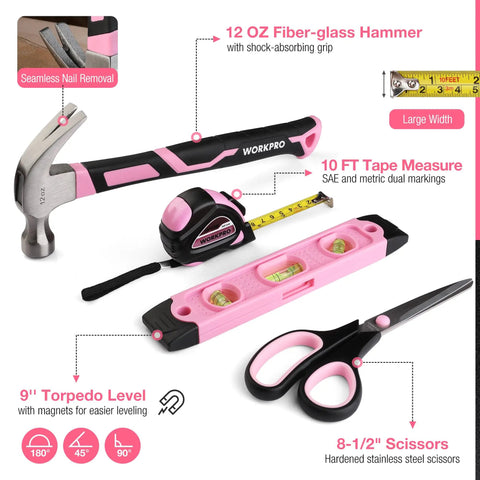 Pink 277 Piece Home Repair Kit With Wide Mouth 13 Inch Tool Bag Hammer Screwdrivers Pliers Wrenches And Essential Diy Household Tools For Quick Pro Grade Home Fixes showing hammer, tape measure, level, and scissors.