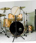 Heavy Duty Adjustable Height Snare Drum Rack With Slick Black Alloy Finish And Detachable Base For Rock Solid Performance On Any Standard Folding Tripod Stands with snare drum and sticks.