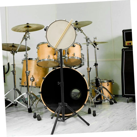 Heavy Duty Adjustable Height Snare Drum Rack With Slick Black Alloy Finish And Detachable Base For Rock Solid Performance On Any Standard Folding Tripod Stands with snare drum and sticks.
