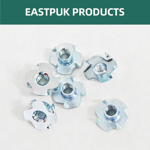 50 Piece 3/8-16 Tee Nuts Zinc Plated Steel Fasteners Featuring Four Prongs For Rock Solid Wood Furniture Assembly, showing Tee nuts.