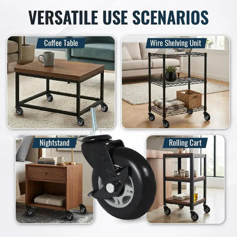 Heavy Duty 3 Inch M6 Metric Threaded Stem Casters Set Of 4 on furniture like coffee table and nightstand, showcasing versatility.