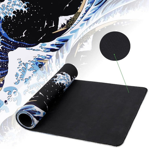 Massive Kanagawa Surfing Themed Gaming Mouse Pad Desk Mat 31.5 x 11.9 Inches Waterproof Non Slip XXL Keyboard Pad shown rolled out