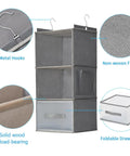 Big Time Hanging Closet Organizer With One Easy Fold Drawer And Three Roomy Shelves For No Sweat Closet Organization And Rock Solid Rod Mount Storage In Classic Grey, featuring metal hooks and non-woven fabric.