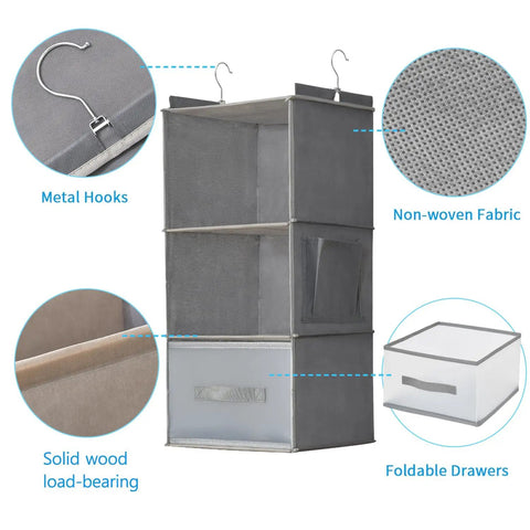 Big Time Hanging Closet Organizer With One Easy Fold Drawer And Three Roomy Shelves For No Sweat Closet Organization And Rock Solid Rod Mount Storage In Classic Grey, featuring metal hooks and non-woven fabric.