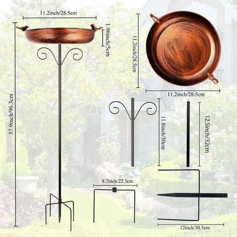 38 Inch Tall Outdoor Bird Bath On Stake With Detachable 11.2 Inch Basin, Vintage Copper Freestanding Birdbath shown in garden setup