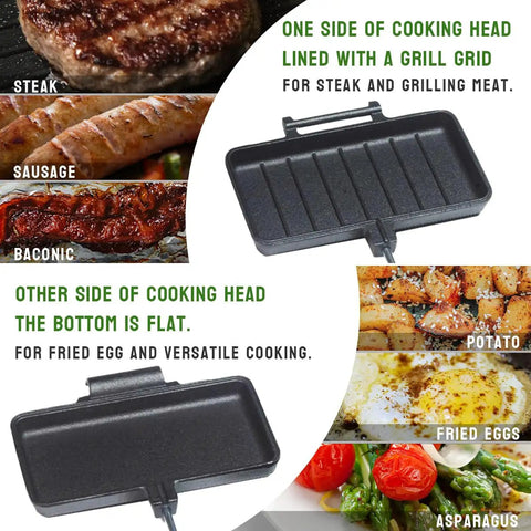 Double Pie Iron Sandwich Maker For Camping with grill grid and flat surface for versatile cooking, shown with various foods.