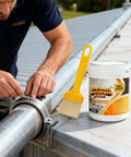 No Sweat Waterproof Adhesive And Invisible Anti Leakage Coating Featuring Built In Brush For Roofs Walls And Floors Dries Clear For Heavy Duty Home Fixes That Are Total Game Changers applied on a metal roof pipe.
