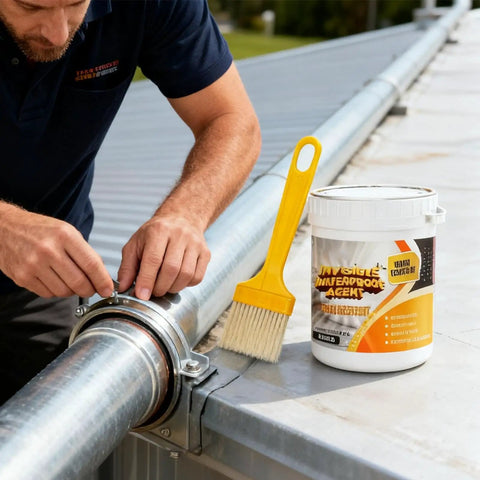 No Sweat Waterproof Adhesive And Invisible Anti Leakage Coating Featuring Built In Brush For Roofs Walls And Floors Dries Clear For Heavy Duty Home Fixes That Are Total Game Changers applied on a metal roof pipe.