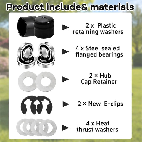 Image showing components of bushing to bearing conversion kit, including sealed bearings and washers for mower maintenance.