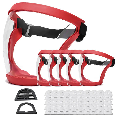 Red anti fog full face shield for adults, clear transparent visor, breathable comfort, reusable, full coverage from eyebrows to chin, 5 pack