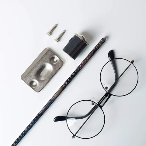 Drive In Ball Catch Kit For Interior Doors, Adjustable Tension, Thirteen Sixteenths Inch By One Inch Closet Door Ball Catch Hardware displayed with components