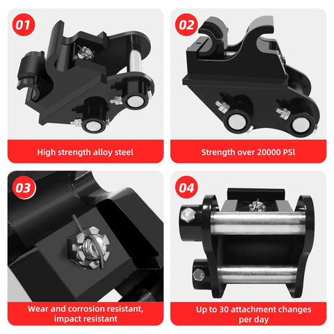 Compact Quick Hitch For Mini Excavators Mechanical Quick Change Coupler Kit Fits Up To 3 Ton Small Diggers Includes Two Link Pins And No Fuss Attach System For Rake Buckets Scarifiers And More, black high-strength alloy steel construction, various views.