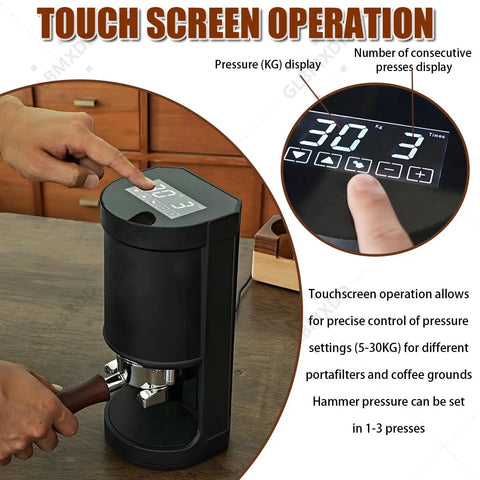 Electric Coffee Tamper 58mm Automatic Espresso Tool With Slick Adjustable Pressure From Five To Thirty Kilos for accurate pressure settings.