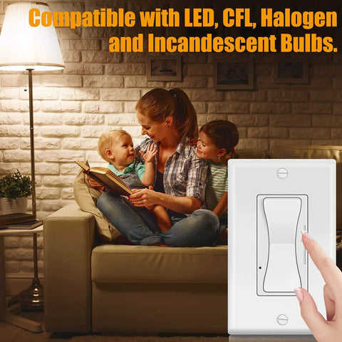 Smooth Glide 0 10V Dimmer Switch For Led Lamps And Cfl Fixtures Single Pole Or Three Way Wiring With Dead On Brightness Control Up To Six Hundred Watts Max Include Matching Wall Plate In Clean White Finish For Zero Hassle Lighting Upgrades on a cozy living room wall.
