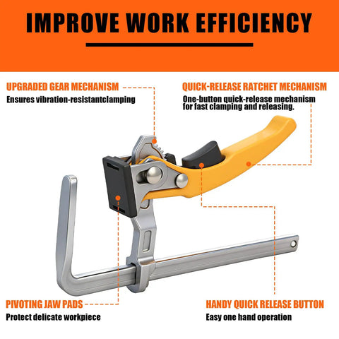 Four Pack Quick Release Ratcheting Table Clamps With Seven Inch Capacity And Two And Three Eighths Inch Throat Depth For MFT Track Saw And Guide Rail Systems Rotating Pressure Pad For Precise Woodworking Heavy Duty Durable Steel Build clamp on rail with yellow handle