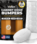 64 Clear Self Adhesive Rubber Cabinet Bumpers Silence Kitchen Drawer Slams With Zero Drama While Shielding Counters From Hella Scratches And Door Bangs Today in packaging with clear rubber pads and wood background.