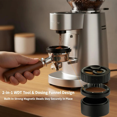 Premium Wdt Tool For Espresso Coffee Distribution Featuring Ten Stainless Steel Needles And Triple Gear Spinner With Twenty Four Strong Magnets, in action with a dosing funnel.