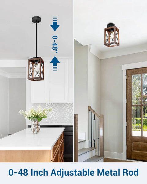 Farmhouse Pendant Light Set, Metal Hanging Fixture With Wooden Grain Finish, 48 Inch Adjustable Pipe System For Flat Or Sloped Ceilings, Perfect For Kitchen Island, Bedroom, Dining Hall And Hallway, ETL Listed