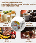 Milk Frothing Thermometer For Coffee And Chocolate Pro Grade Stainless Steel Temp Gauge shown with beverage and food images
