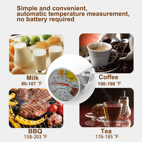 Milk Frothing Thermometer For Coffee And Chocolate Pro Grade Stainless Steel Temp Gauge shown with beverage and food images