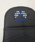 Close-up of black go-kart seat pad with embroidered checkered flags, designed for Custom Comfort Go Kart Seat Pads For Adults Blue Camouflage Design