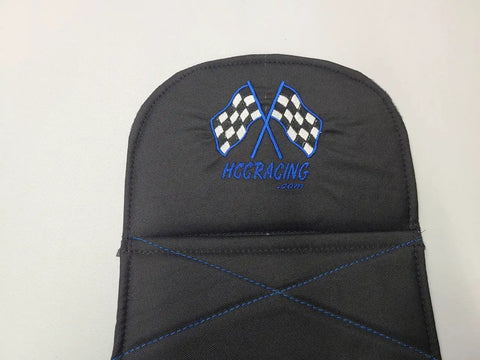 Close-up of black go-kart seat pad with embroidered checkered flags, designed for Custom Comfort Go Kart Seat Pads For Adults Blue Camouflage Design