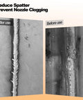 Comparison of welds, showing before and after using Anti Spatter Welding Spray 2 Pack 14 Oz Each For TIG And MIG Arc Welding Robots Universal Weld Protectant Keeps Your Shop Clean And Welds Smoother Solvent Based Heavy Duty Anti Spatter Solution.