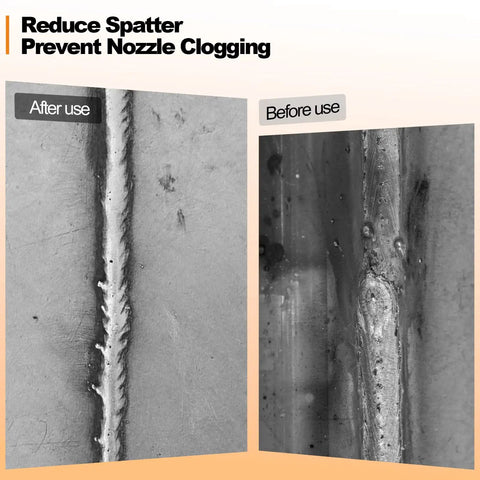 Comparison of welds, showing before and after using Anti Spatter Welding Spray 2 Pack 14 Oz Each For TIG And MIG Arc Welding Robots Universal Weld Protectant Keeps Your Shop Clean And Welds Smoother Solvent Based Heavy Duty Anti Spatter Solution.