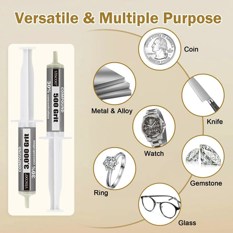 8 Pack Diamond Polishing Compound Set Pro Grade With 30 Percent Diamond Powder, Grit From 80000 To 30000 For Ultra Mirror Lapping On Glass, Metal, Marble, Rock, Watch And Jewelry Scratches Remover And Repair Kit shown with uses on metal, coins, and watches.