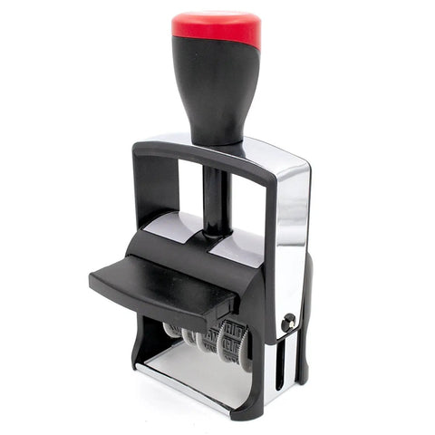Heavy Duty Steel Frame Date Stamp With Black Ink And 12 Interchangeable Phrases Built Hella Tough For No Sweat Daily Processing While Handling Large Dates And Fast Ink Changes Easily, showing front view with red handle.