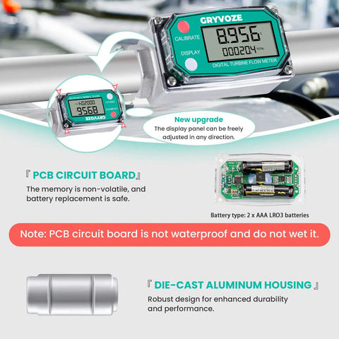 Three Quarters Inch Digital Turbine Flow Meter Inline NPT Thread for Water Diesel Gas Oil Gasoline Kerosene Methanol and Other Liquids 0.8 to 13.2 GPM Built as a Workhorse LCD display and components