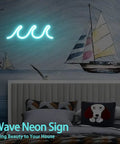 Ice Blue Neon Wave Sign For Bedroom Decor USB Powered With Dimmer And Switch Lit Wall Art For Living Room Bar Dorm And Birthday Or Wedding Gift Perfect Night Light For Dorm Rooms And Party Venues on wall above bed with sailboat mural.