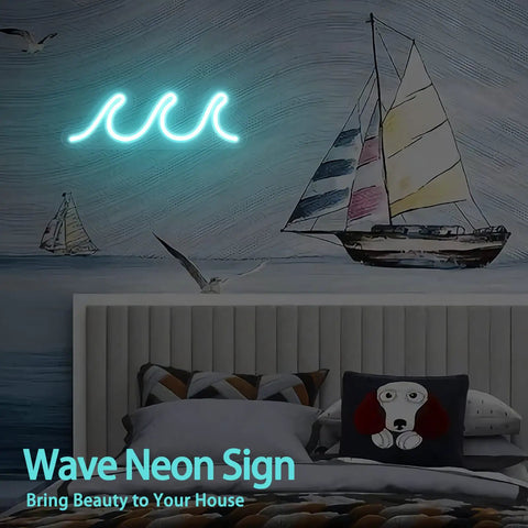 Ice Blue Neon Wave Sign For Bedroom Decor USB Powered With Dimmer And Switch Lit Wall Art For Living Room Bar Dorm And Birthday Or Wedding Gift Perfect Night Light For Dorm Rooms And Party Venues on wall above bed with sailboat mural.