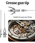 Grease Gun Needle Tip Kit 7 Pc with 5 Needle Tips, Rubber Adapter and Dispenser for Tight Spaces displayed with watch gears