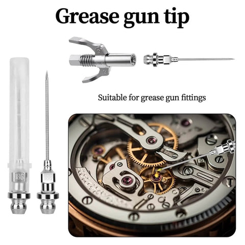 Grease Gun Needle Tip Kit 7 Pc with 5 Needle Tips, Rubber Adapter and Dispenser for Tight Spaces displayed with watch gears