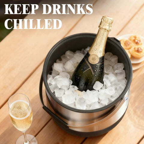 Insulated Ice Bucket For Parties With Scoop And Lid, Party Ready Large Capacity Double Wall Beverage Cooler with champagne bottle