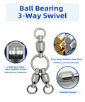 3-Way Ball Bearing Fishing Swivels, Brass And Stainless Steel Rolling Barrel, 10 Pack, Handles Up To 104lbs, Reduces Line Twist On Deep Drop Rigs And Lure Rotations. 3-way swivel close-up