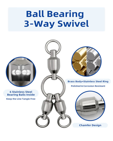 3-Way Ball Bearing Fishing Swivels, Brass And Stainless Steel Rolling Barrel, 10 Pack, Handles Up To 104lbs, Reduces Line Twist On Deep Drop Rigs And Lure Rotations. 3-way swivel close-up
