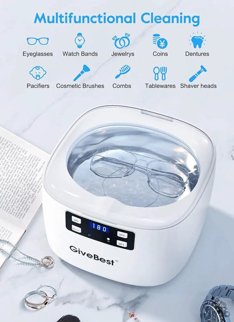 Powerful 45KHz Ultrasonic Jewelry Cleaner With 25oz Stainless Steel Tank, 35W Power, featuring glasses in cleaning process