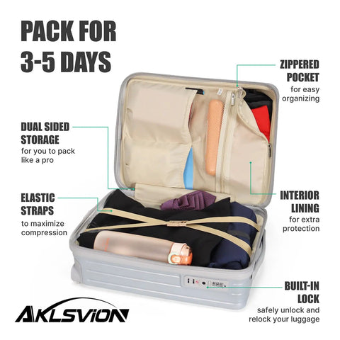 Open 18 Inch Carry On Luggage With Movable Wheels TSA Approved showcasing interior organization features in pearl silver