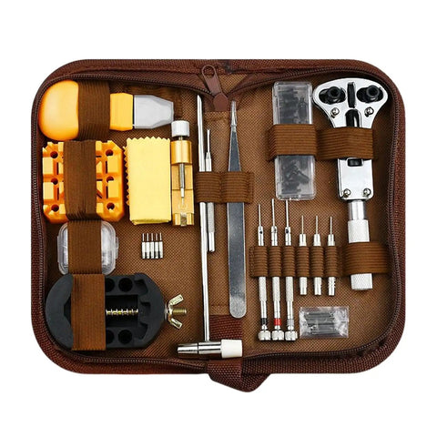 168 Piece Watch Repair Tool Kit with Spring Bar Tools, 5 Extra Pins, adjustable set in open brown storage case