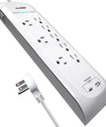 8-Outlet Surge Protector Power Strip With 4200 Joules, USB-C And USB-A Ports, Flat Plug, 6-Foot Cord, White, 125V 15A, close-up