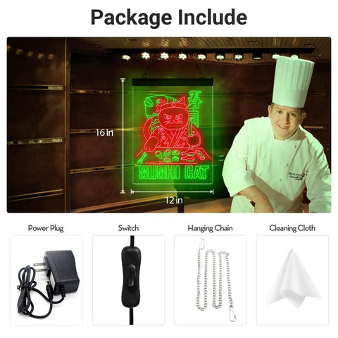 Package includes Sushi Cat Neon Sign Dope Neon Light For Sushi Bar And Restaurant Wall Decor Handmade Retro LED Cat Chef Sign Light Up Art For Home Or Cafe 12x16 Inches In Red And Green Safe Durable Glow with accessories.