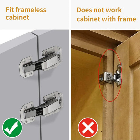 2-Pack Soft Close Hidden Cabinet Hinges For Kitchen Cabinets Surface Mount No Pre Drill Hydraulic Spring Quiet Closure Easy Install For Cupboards Durable Hinges Reducing Noise And Slams shown on frameless cabinet, not suitable for framed cabinet.